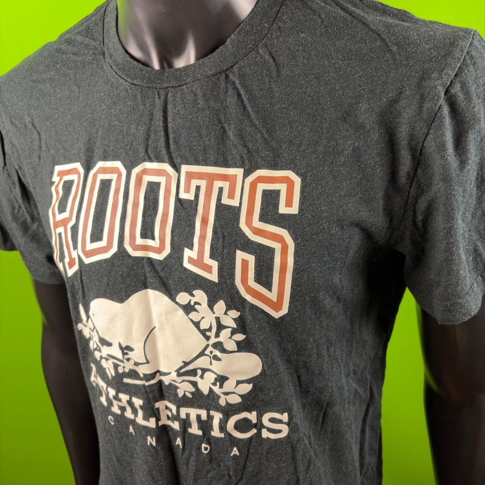 Roots Athletics Canada Beaver Print T-Shirt Mens L Gray Graphic Tee 100% Cotton
